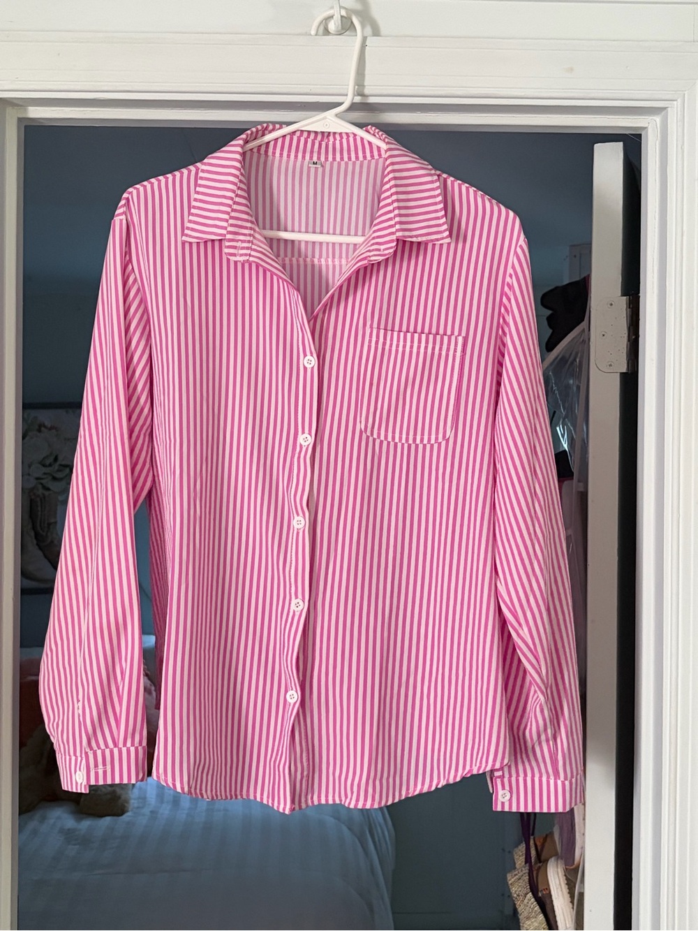 Trendy Pink Stripe Button-Up Women's Shirt size M